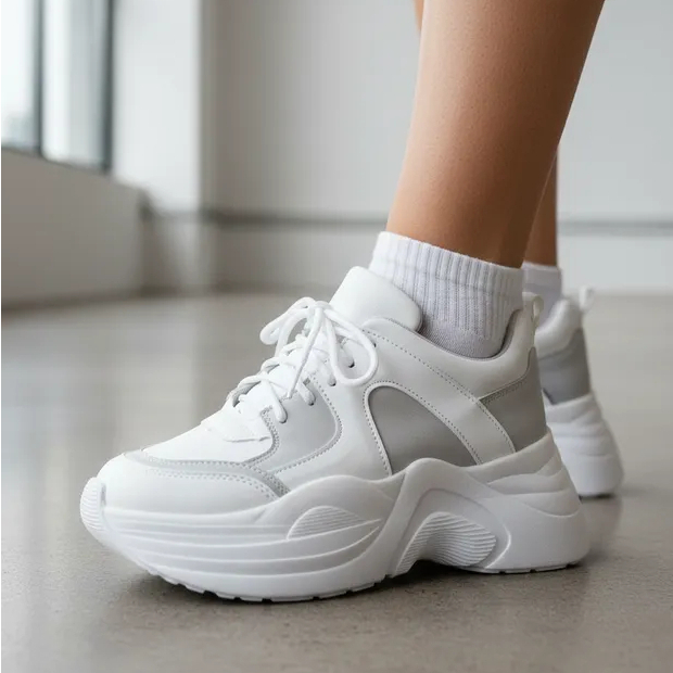 Tênis Feminino Branco/Cinza Sola Alta Caixa Moda Urbana/Casual Blogueira Estilosa Cadarço Brinde