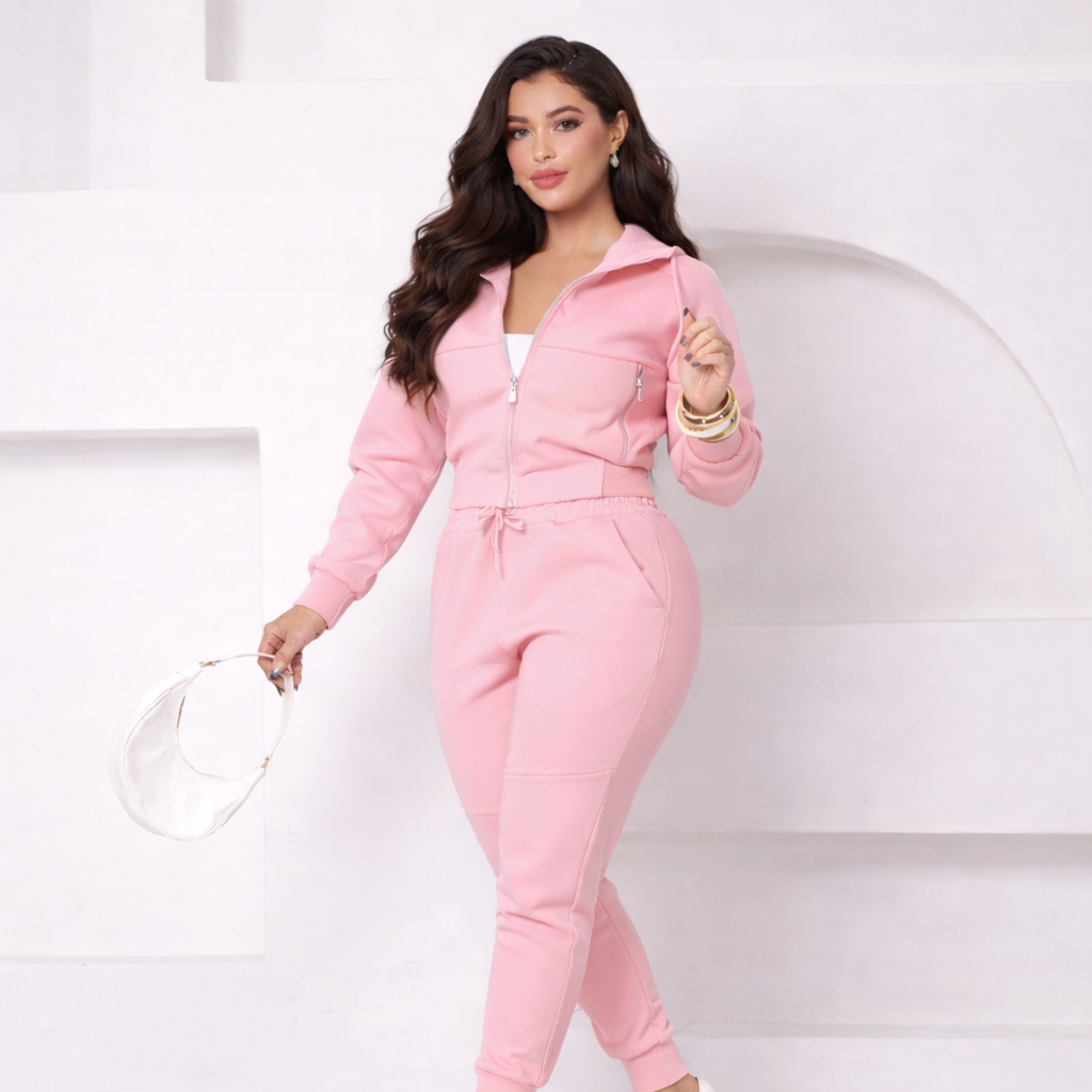 Conjunto Moletom Feminino Leve Blusa Calça Capuz Zíper Inverno Frio Quentinho