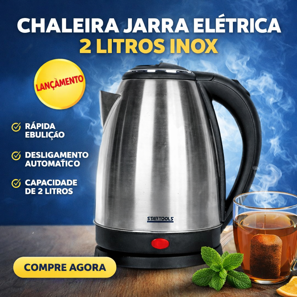Chaleira Elétrica 2 Litros Inox 1500W Jarra Elétrica Desligamento Automático Água Chá Café