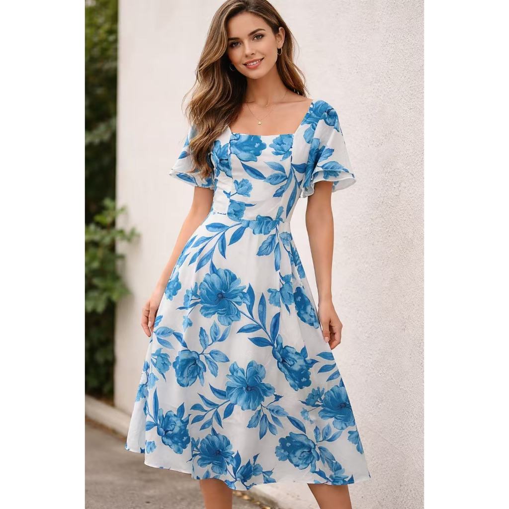 W195 Vestido Midi Feminino Manga Curta Princesa Elegante