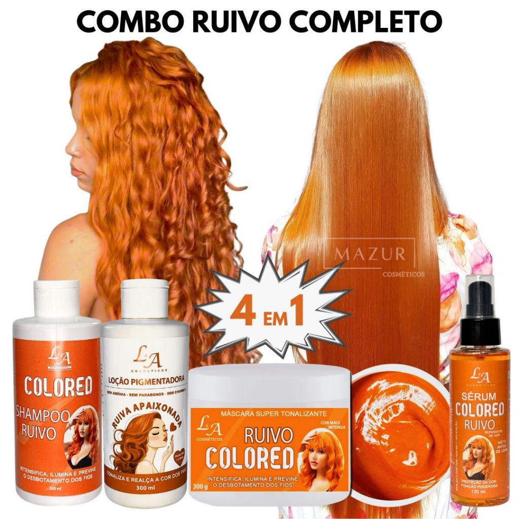 Combo Completo Tonalizante Ruivo Intenso Raposinha 4 em 1 Shampoo Condicionador Máscara Sérum Ruiva