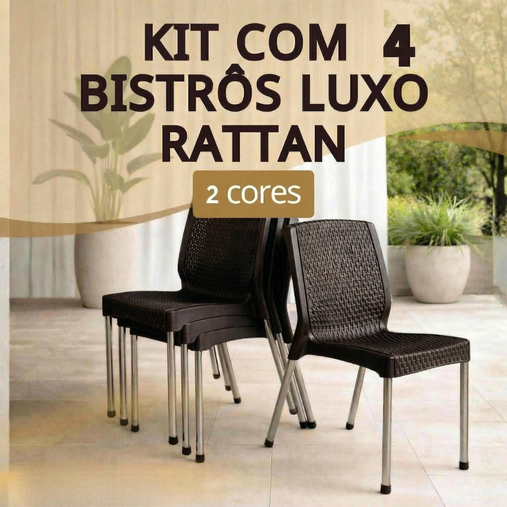 Kit 4 Cadeiras Bistrô Rattan Luxo UV Empilhável Reforçadas 160kg Aço Cromado Varanda Jardim Cozinha