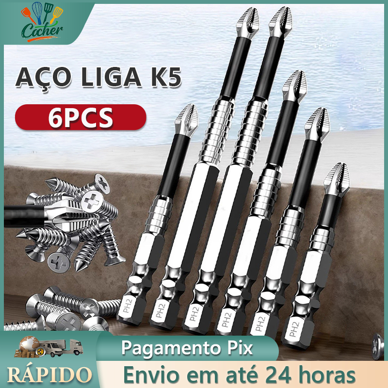 Kit 6 Ponta Bits Magnéticas K5 Ph2 Philips Alta Dureza e RImpactos Para Chaves Elétricas