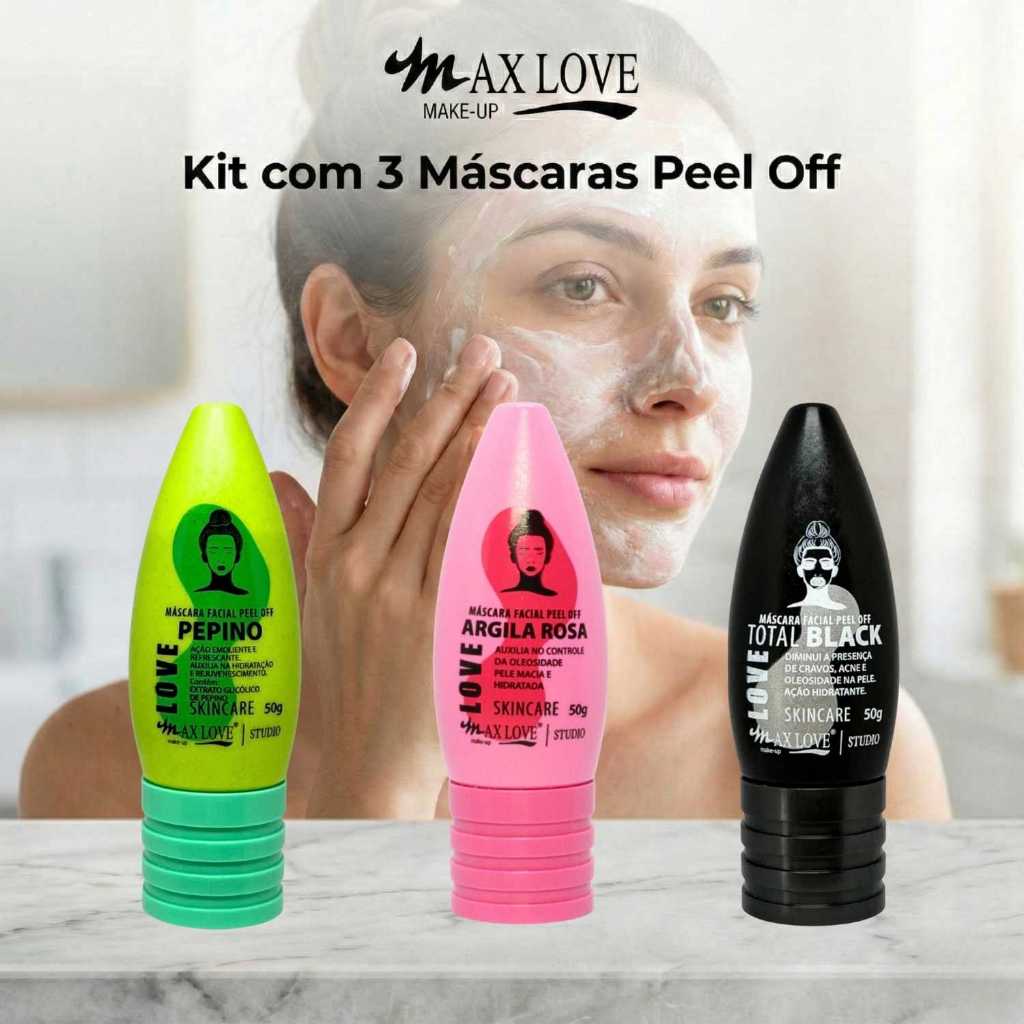 Kit com 3 Máscaras Peel Off - Pepino, Total Black, Argila Rosa Max Love