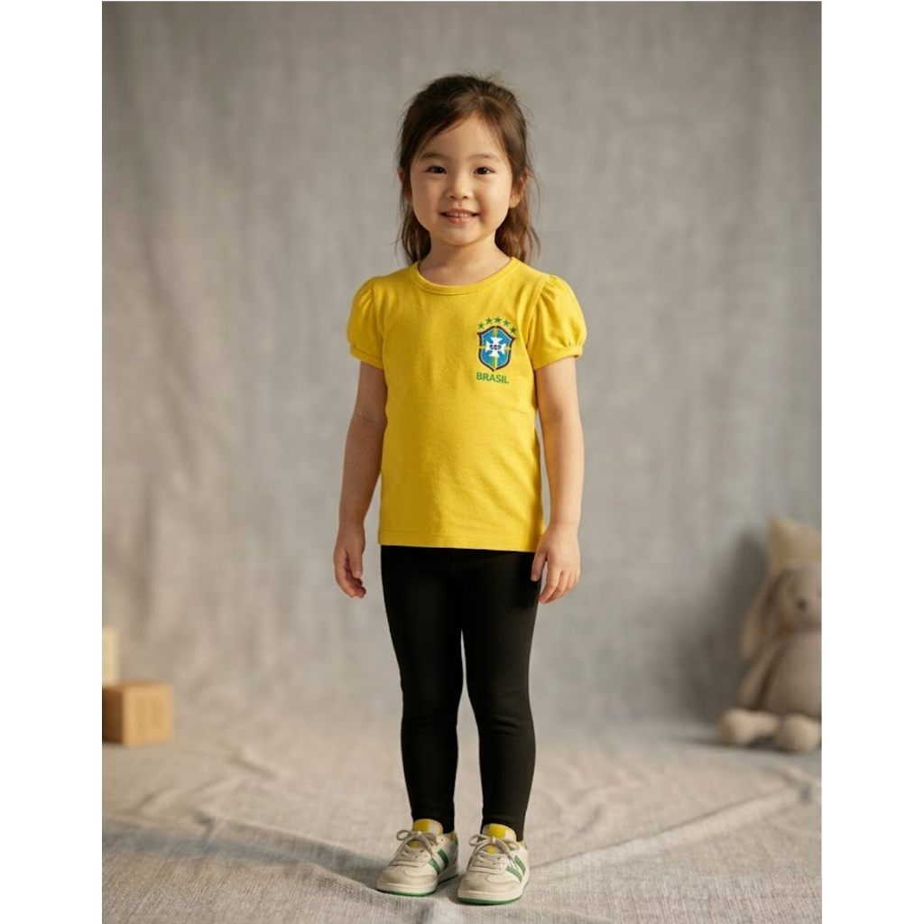 Camiseta Algodão Infantil Estampa Brasil Escudo Copa do Mundo Menina Manga Princesa Look Brasileira