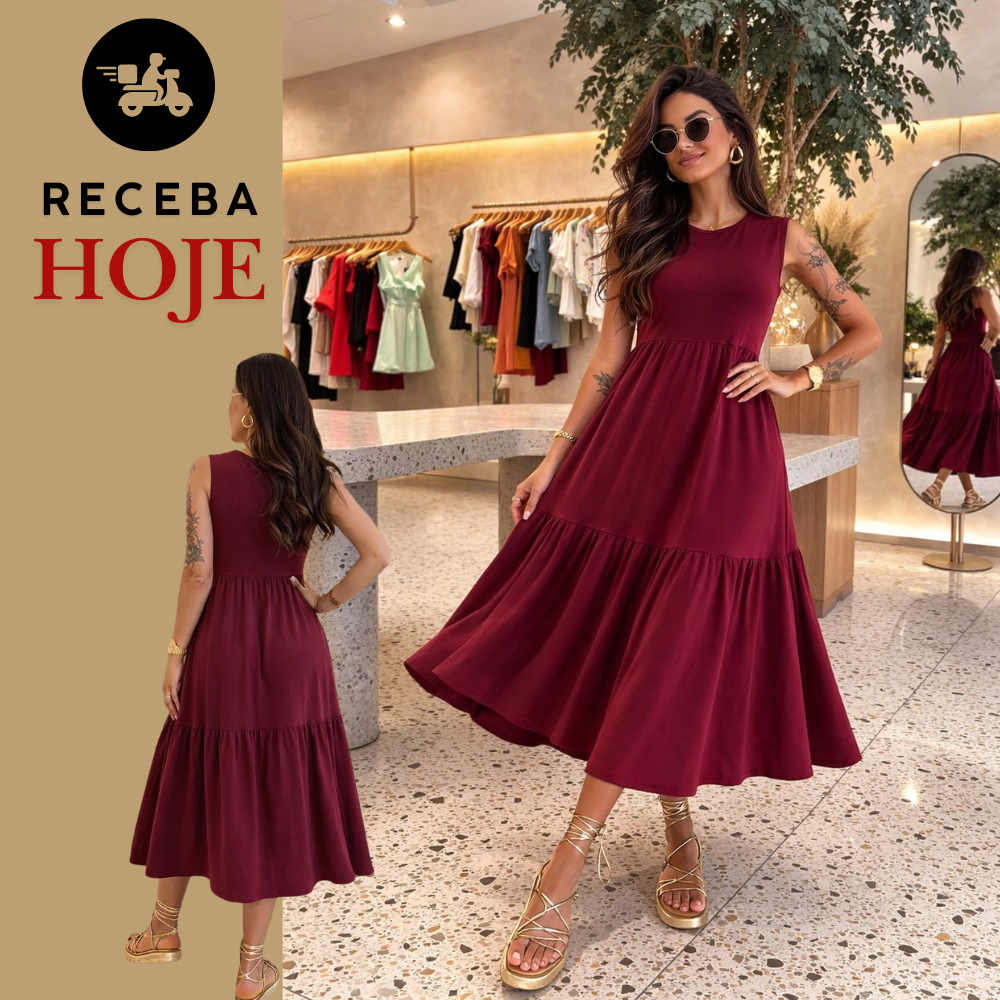 Vestido Midi Cavado Casual Elegante Longuete Babado Tres Marias Malha Viscolycra Confortável Gestante em Oferta na Shopee