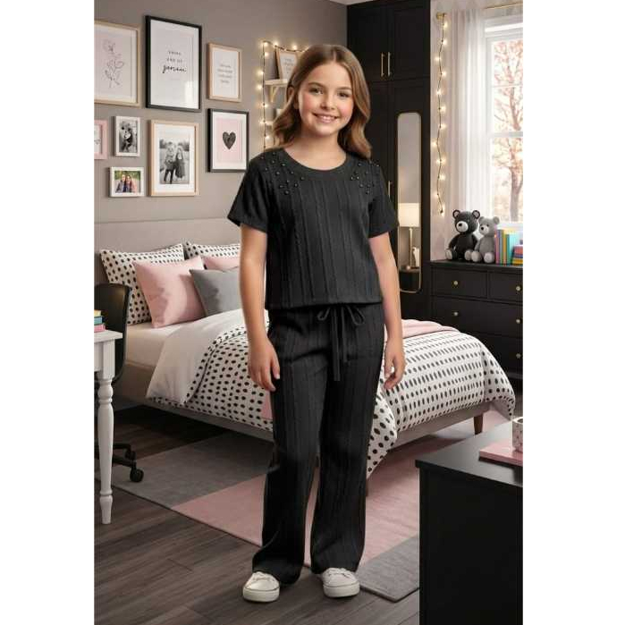 Conjunto Infantil Feminino Ribana Premiun - Blusa Com Perolas Calça Com Bolso Confortável
