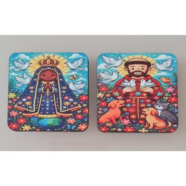 Dupla Ímas de Geladeira Santinhos, Nossa Senhora Aparecida, São Francisco, Arcanjo Miguel, São Cosme e Damião