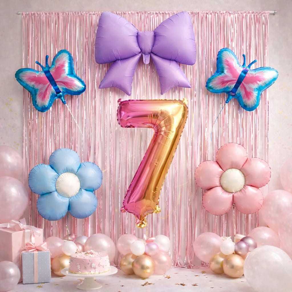 Kit Decoração Festa c/ cortinas, balão número, balões flor, borboleta e laço, aniversários, mesversário, comemorações em Oferta na Shopee