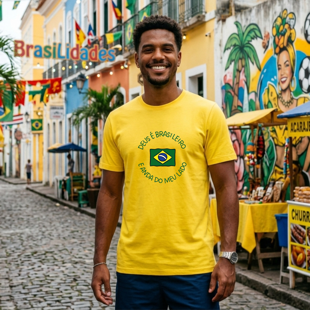 Camiseta Masculina Bandeira Brasil Deus é Brasileiro Algodão Premium T-shirt Casual Estampada Religiosa Confortável
