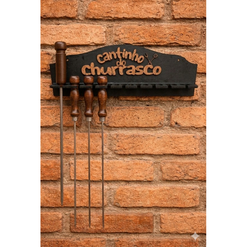 Suporte Espeto Churrasco MDF Preto 40cm Parede 8 Encaixes Organizador Gourmet