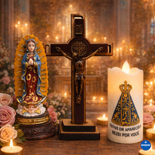 Kit Católico Crucifixo 15cm + Nossa Senhora de Guadalupe + Vela LED em Oferta na Shopee