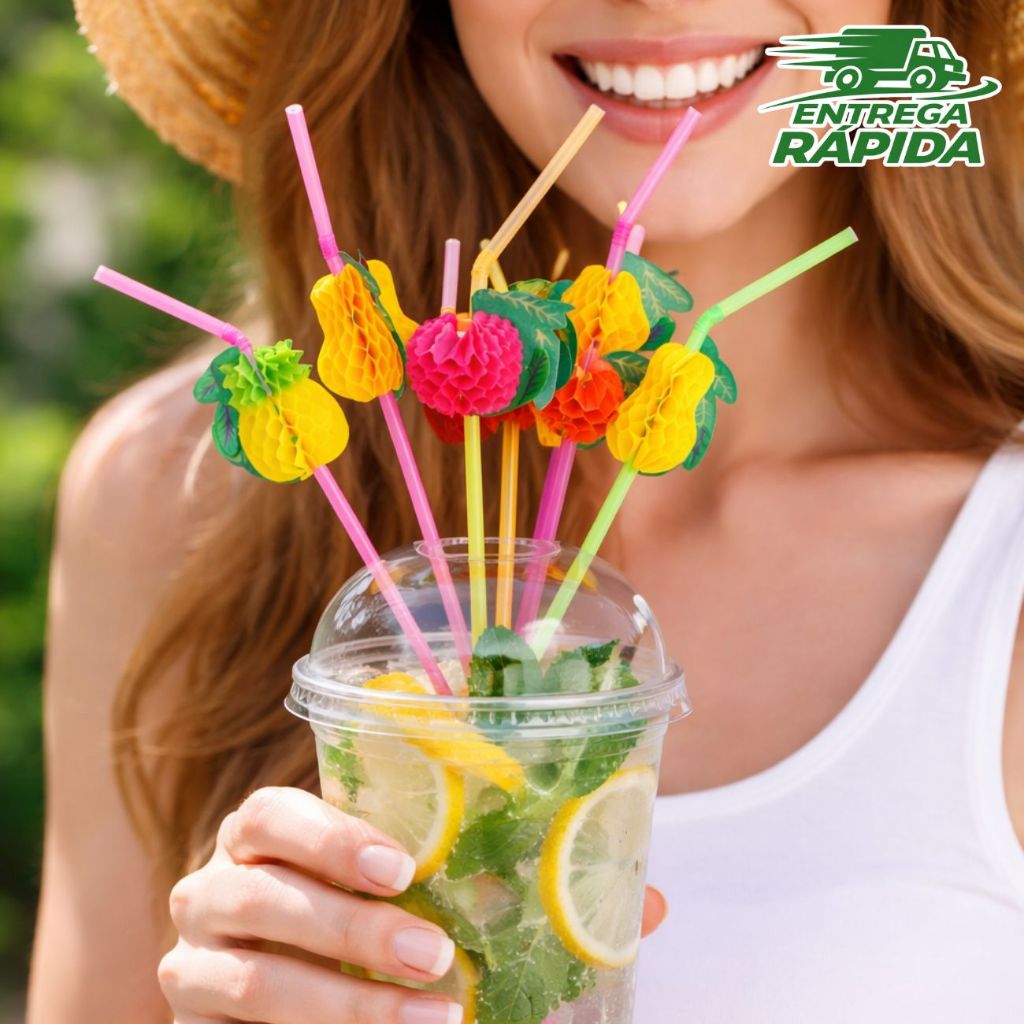 60 Un. Canudo Colorido para Drinks Festas Canudo Flexível Frutas Guarda-chuva Festa Tropical Canudo para Bar