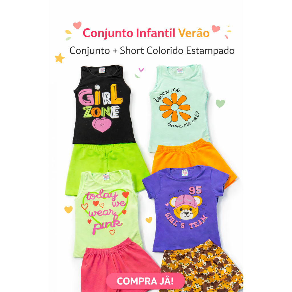 Kit Sortido 10 Peças de Roupas Infantil Menina - 5 Regatas + 5 Bermudas