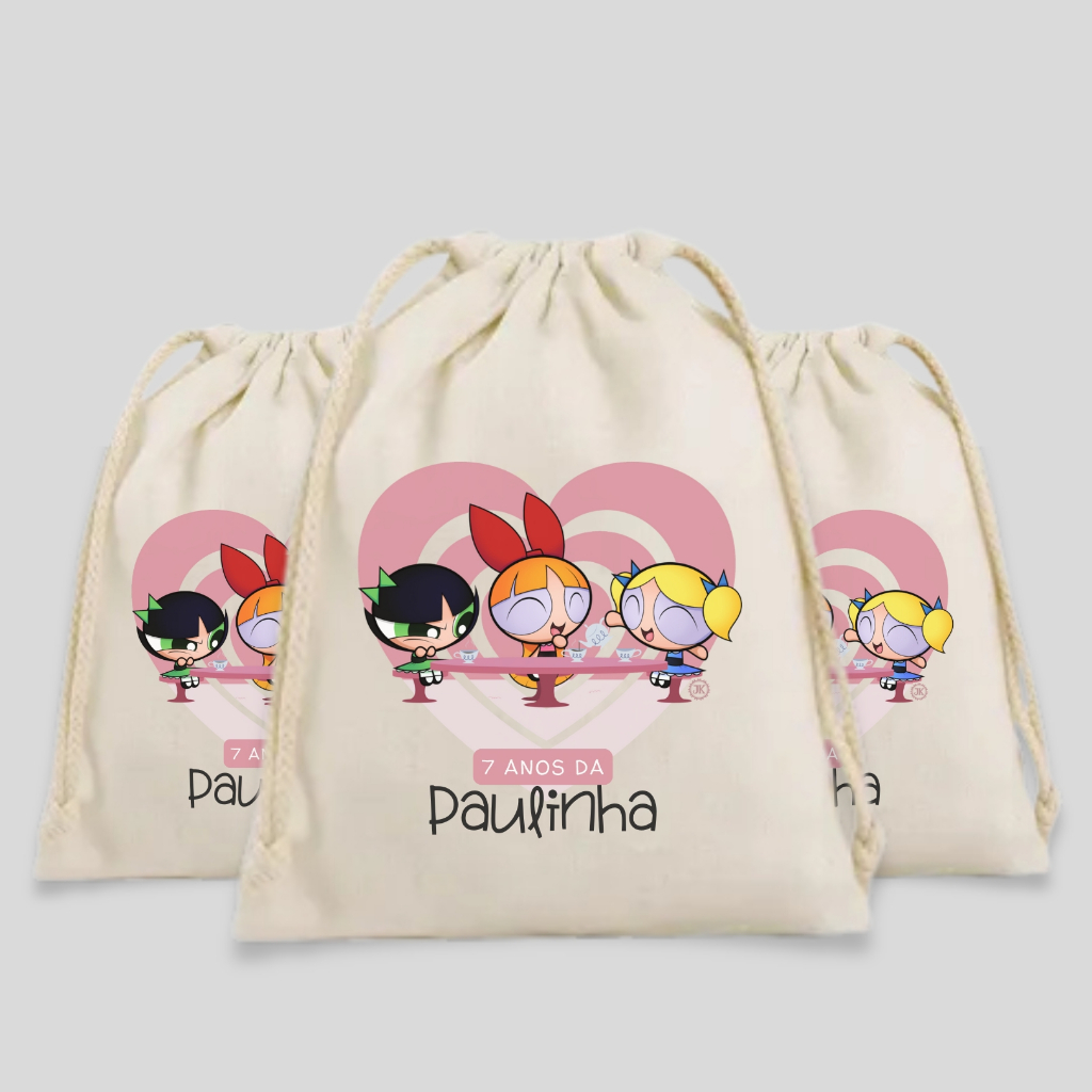 Kit Saquinhos Ecológicos de Algodão Crú Meninas Poderosas Lembrancinha Personalizada Festa Infantil Super Poderosas