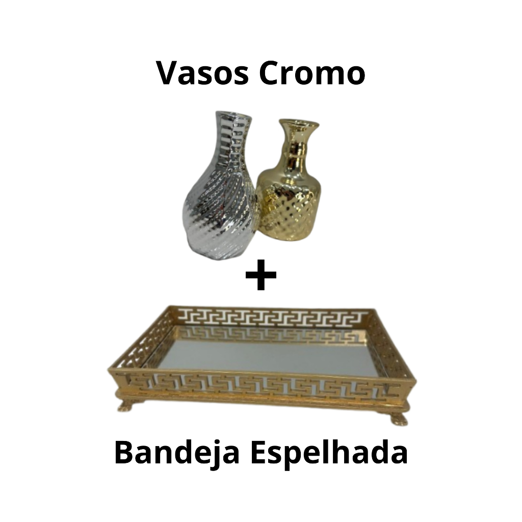Kit Bandeja Arabesco Espelhada Dourada 25x15cm + Vasos- Decoração Sofisticada - Luxo para Lavabo e Sala - Porta Perfumes