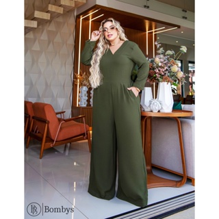 Macacão Longo Plus Size Decote V com Bolsos e Amarração Festa Casual Pantalona com Elástico em Oferta na Shopee