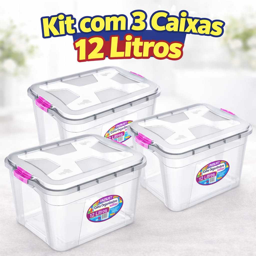 Kit Com 3 Caixas Organizadoras 12 Litros Transparentes Com Tampa E Travas Segura Pratica Multiuso Resistente Organização em Oferta na Shopee