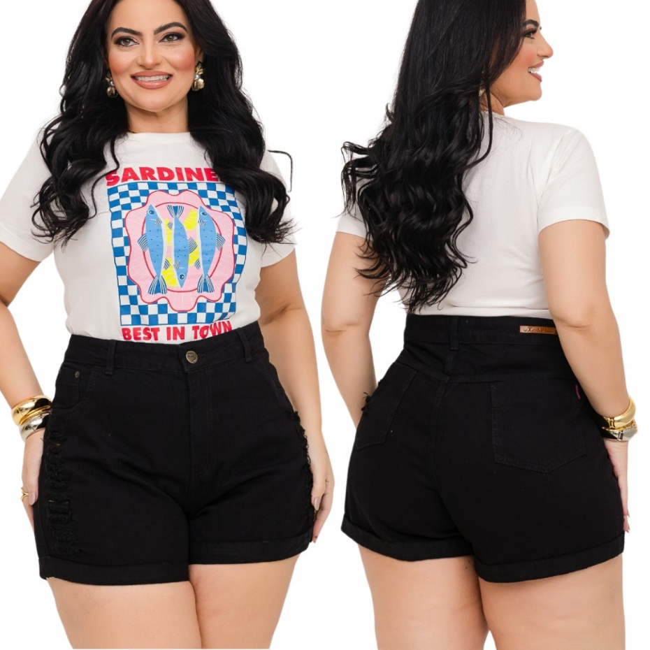 Short Jeans Feminino Bermuda  Plus Size Preto - Com Lycra e Detalhe Destroyed