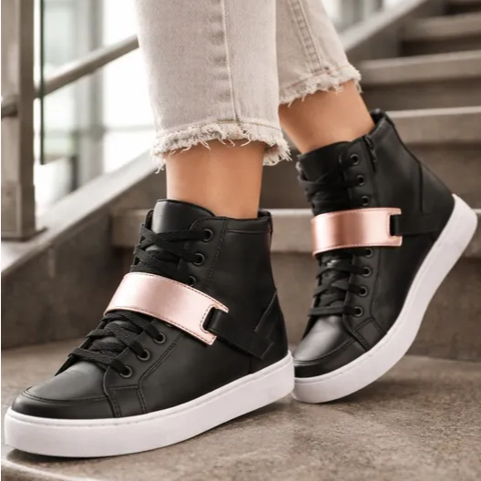 Tênis Botinha Cano Alto Casual/Treino Preto Detalhe Metálico Rose Tik Tok