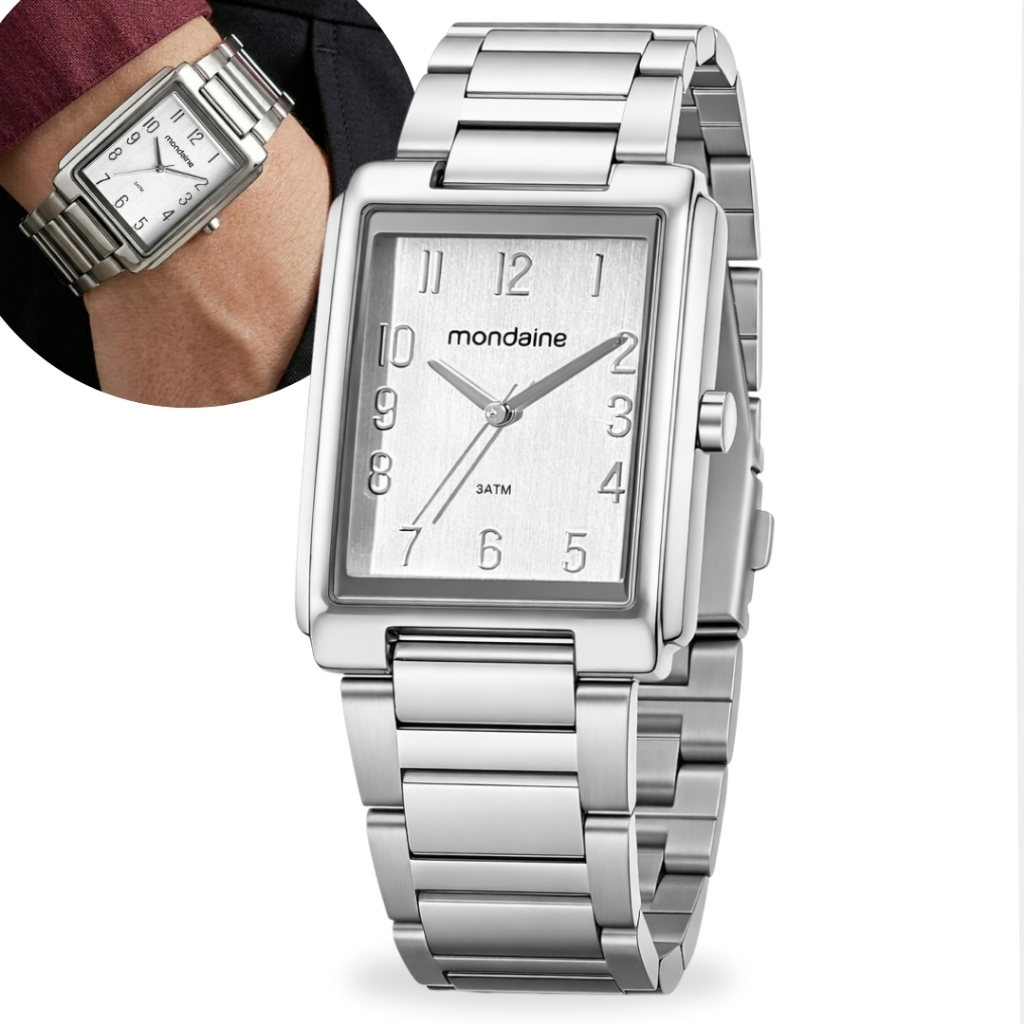 Relógio Mondaine Analógico Feminino De Pulso Vintage Clássico Quartz Quadrado Prateado Pulseira Em Aço Inox Original