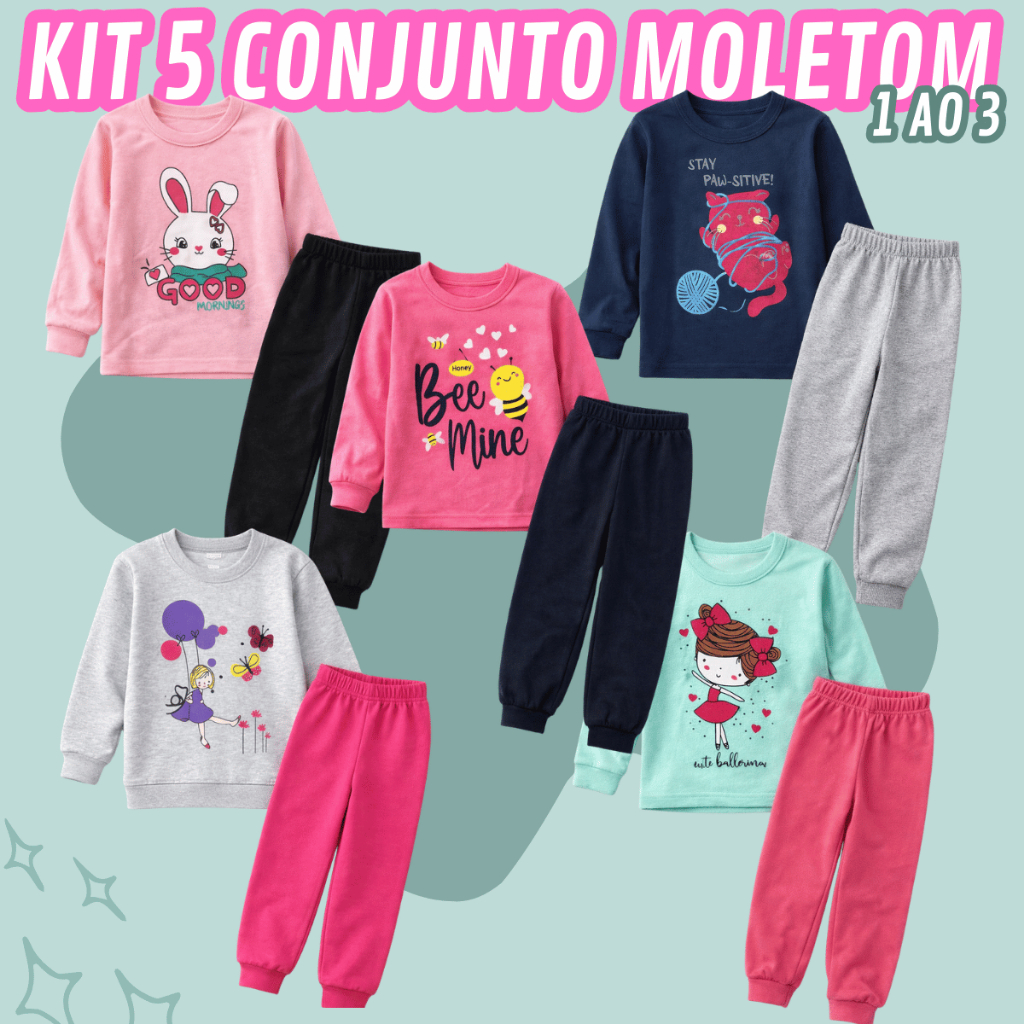 Kit 5 Conjunto Moletom Frio feminino Bebê Confortavél Manga Longa 5 Estampas Personagem 100% Algodão