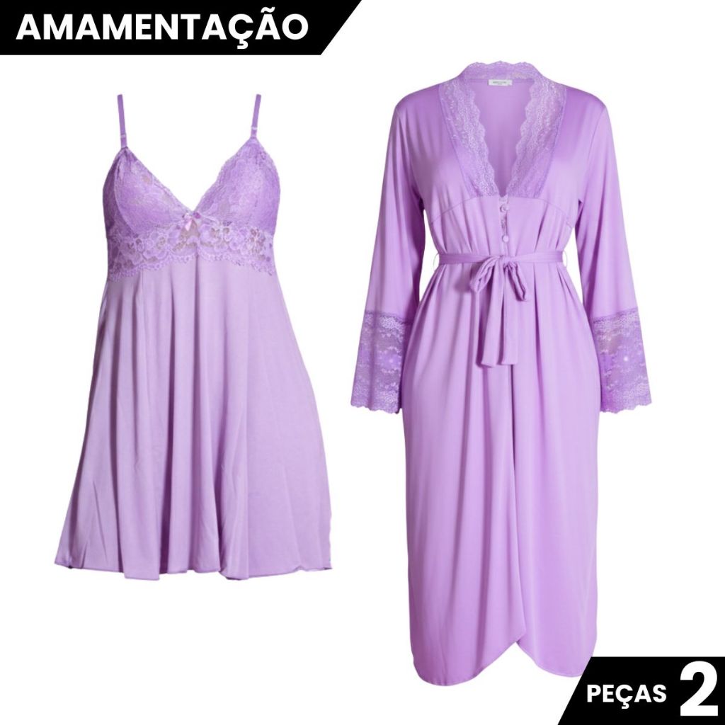 Kit Robe Roupão Longo e Camisola Amamentação Confortável Gestante Maternidade Pós Parto