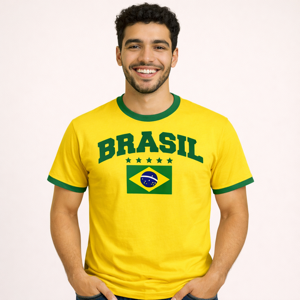 Camiseta Brasil Masculina Estampa Bandeira Copa Do Mundo Torcida Verde Amarela Envio Imediato