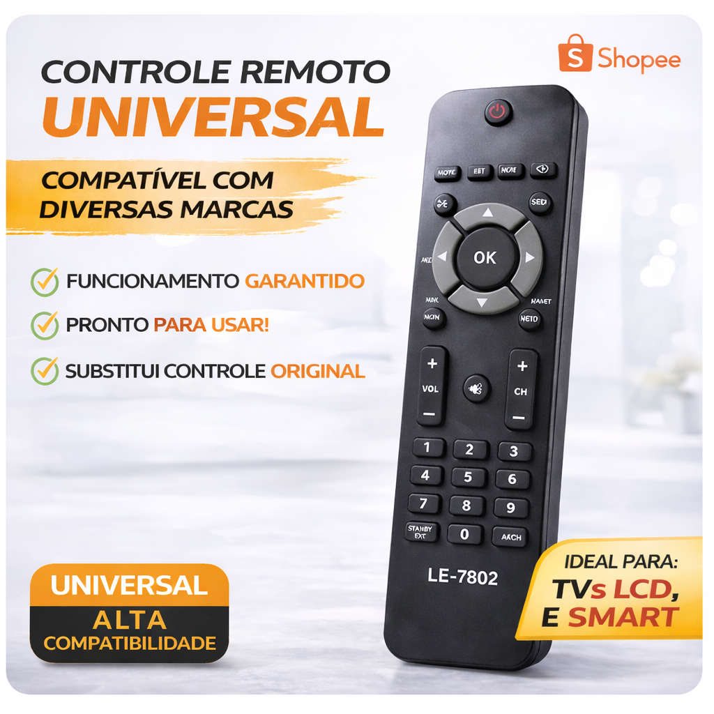 Controle Remoto Philips TV LCD LED 42PFL3604D/78 LE-7802 Compatível Smart Pronto Uso