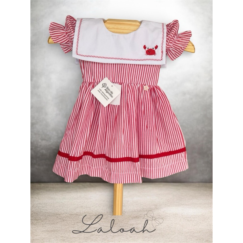Vestido Infantil Bebê Listrado Azul Marinheiro com Gola Bordada Festa Menina Carangueijo