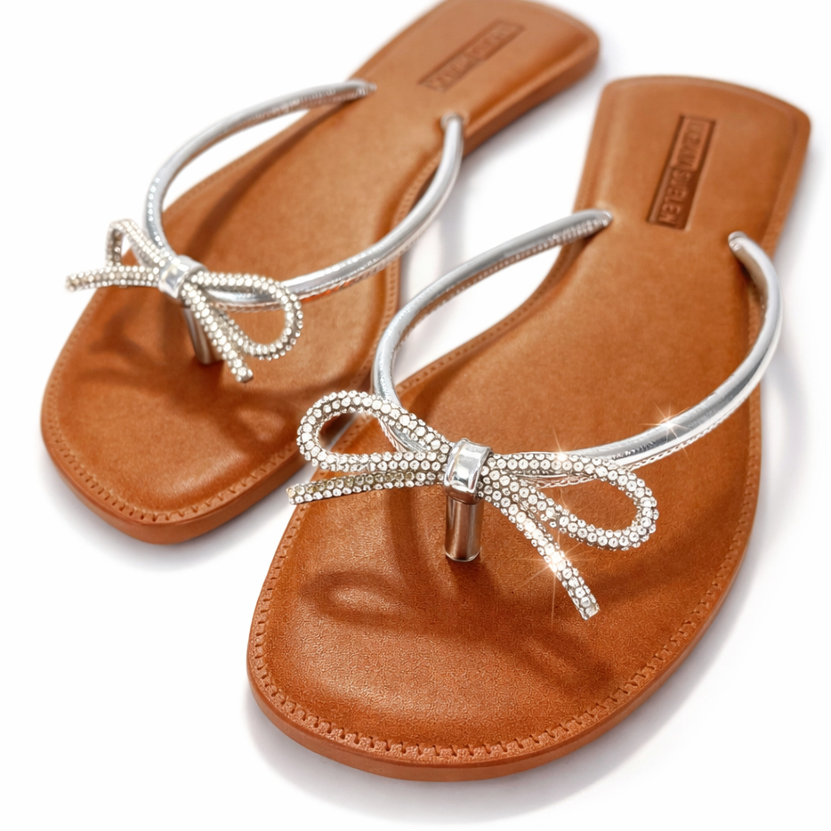 Sandália Rasteira Feminina com Laço de Strass Confortável Antiderrapante Elegante Casual Premium 007