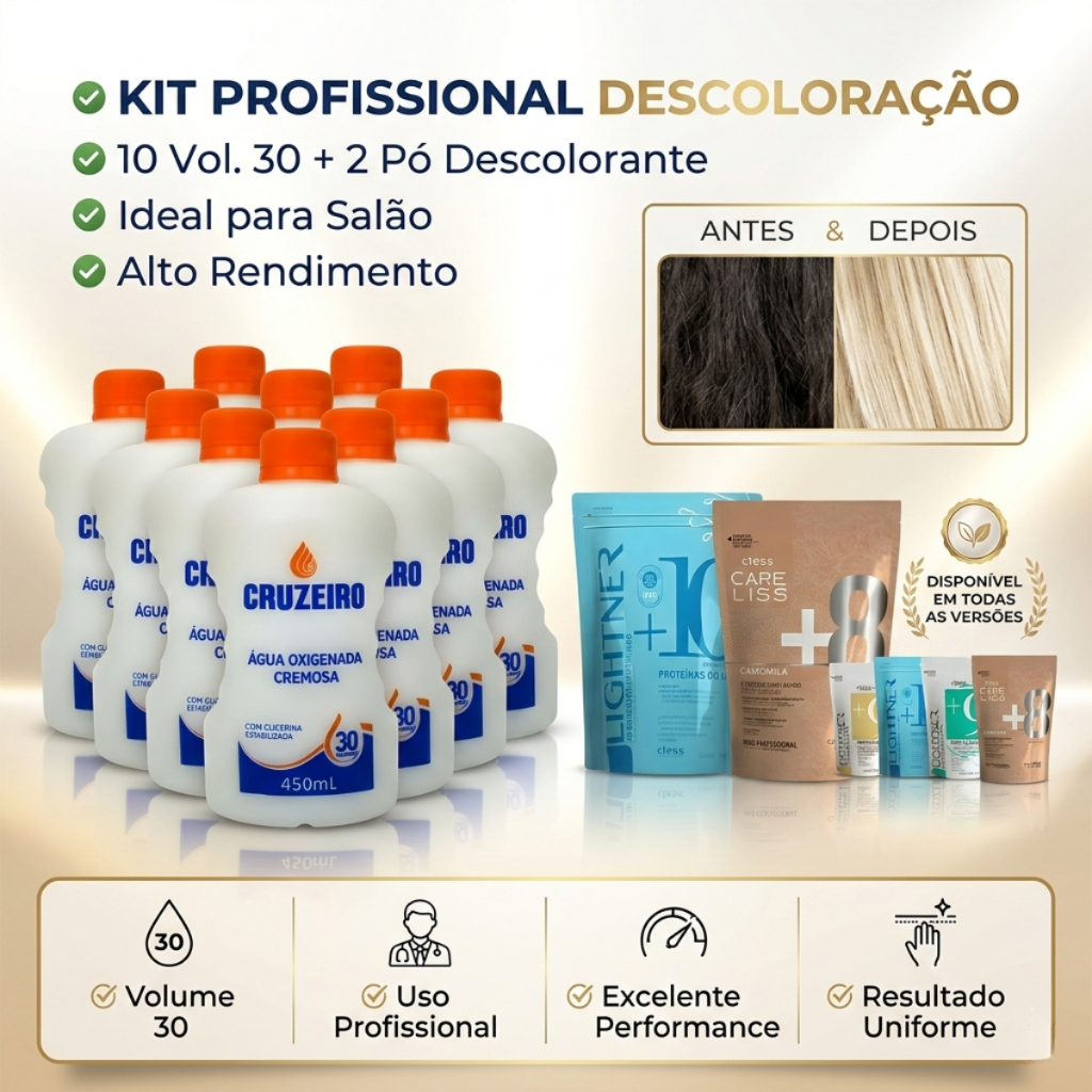 10 unidades Agua Oxigenada Cremosa Cruzeiro 450ml e 2 unid Po Descolorante Profissional Descoloracao