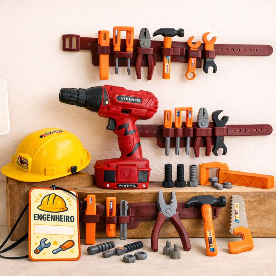 Kit Ferramentas Infantil Parafusadeira Cinto E Capacete Kit Engenheiro De Brinquedo
