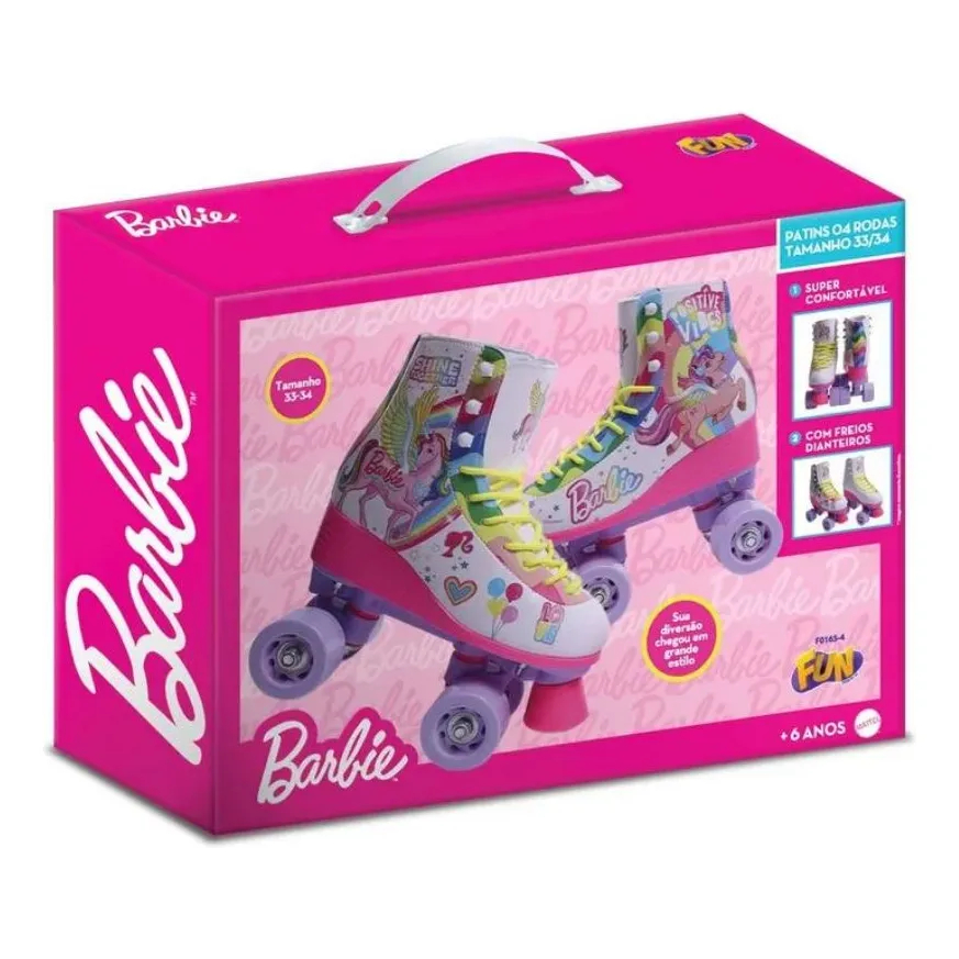 Patins Barbie Unicornio 4 Rodas Tamanho 33-34 - Fun
