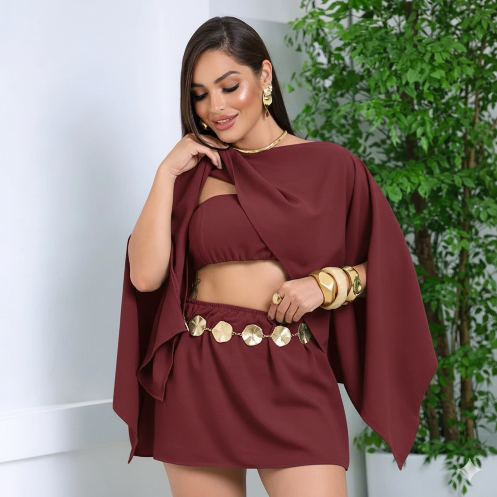 Conjunto 3 Peças Top , Capa e Short Saia Moderno com Caimento Estiloso no Tecido Duna Elegante.