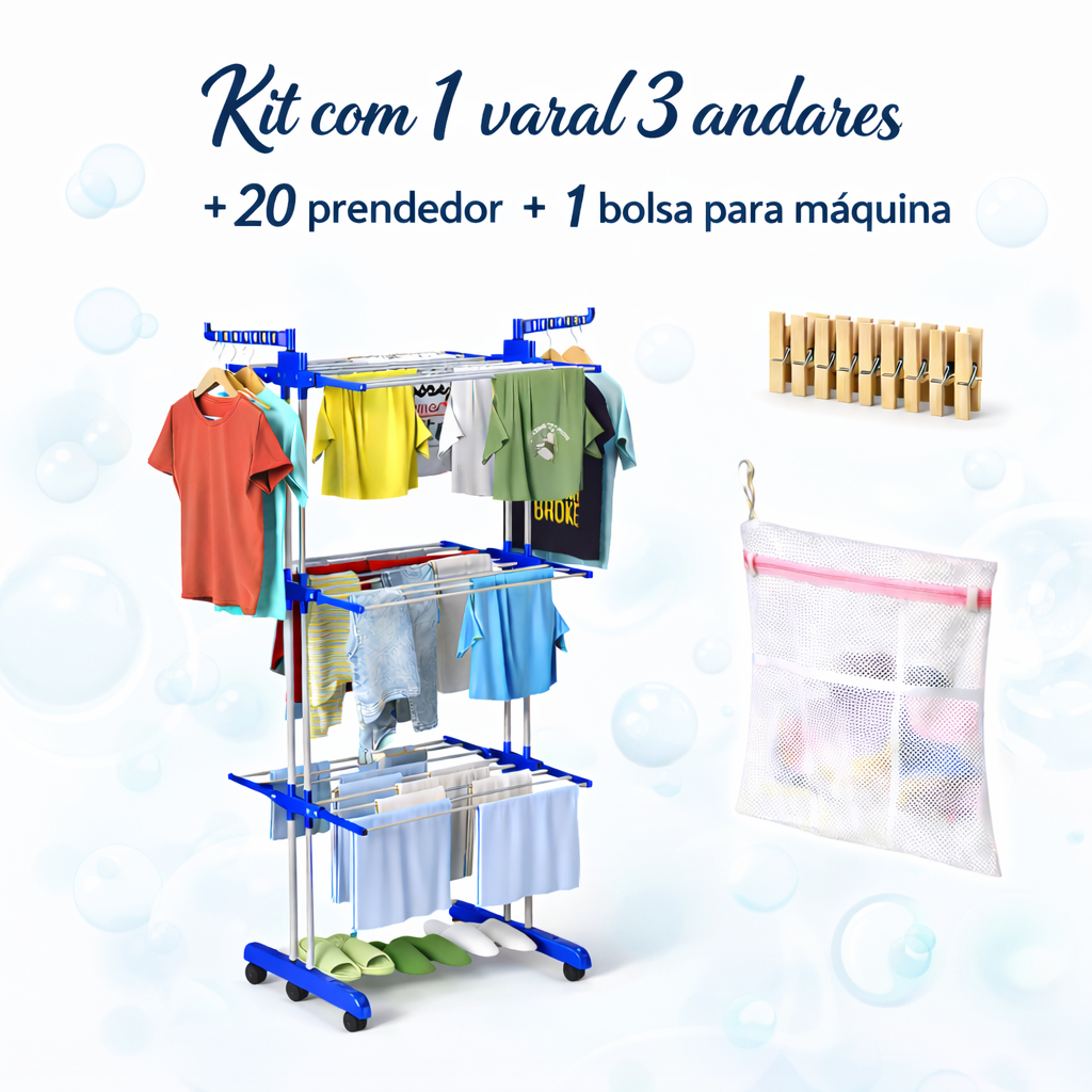 Varal De Chão De Roupas Com 20 Prendedor  3 Andares Dobrável Grande 4 Rodas Bolsa Maquina