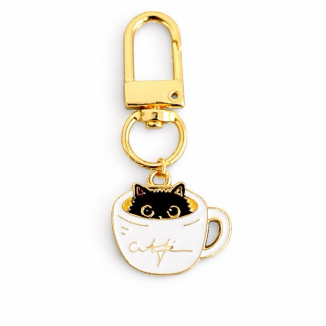 Chaveiro Gatinho Gato Pet Xicara Café Metal Fofo Delicado Acessório para Bolsa Carteira