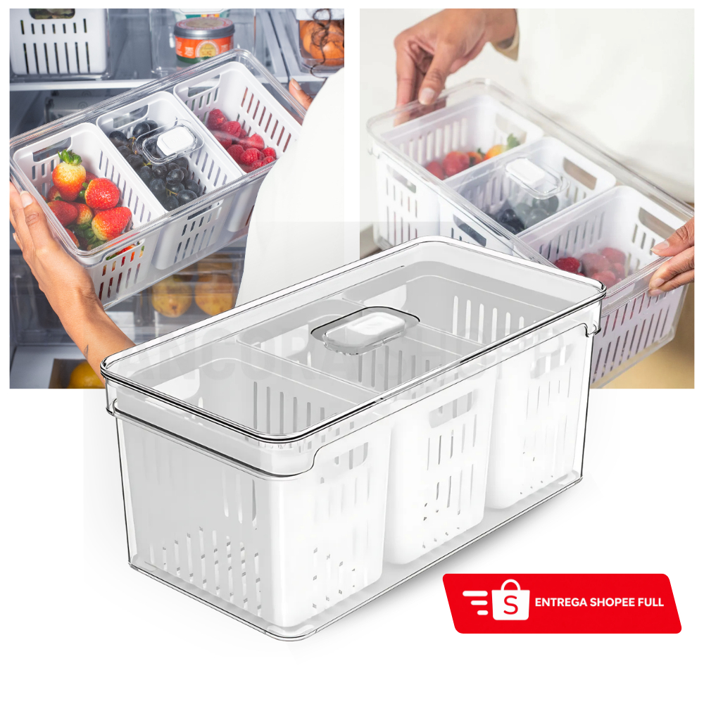 Imagem Organizador de Geladeira 5L com 3 Cestos Ou Natural Tampa Porta Frutas Legumes Vegetais Clear Fresh