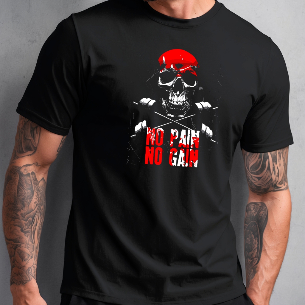 Camiseta Básica Masculina Algodão Gola Redonda Manga Curta Camisa Estampa Treino Gym No Pain No Gain Musculação Academia