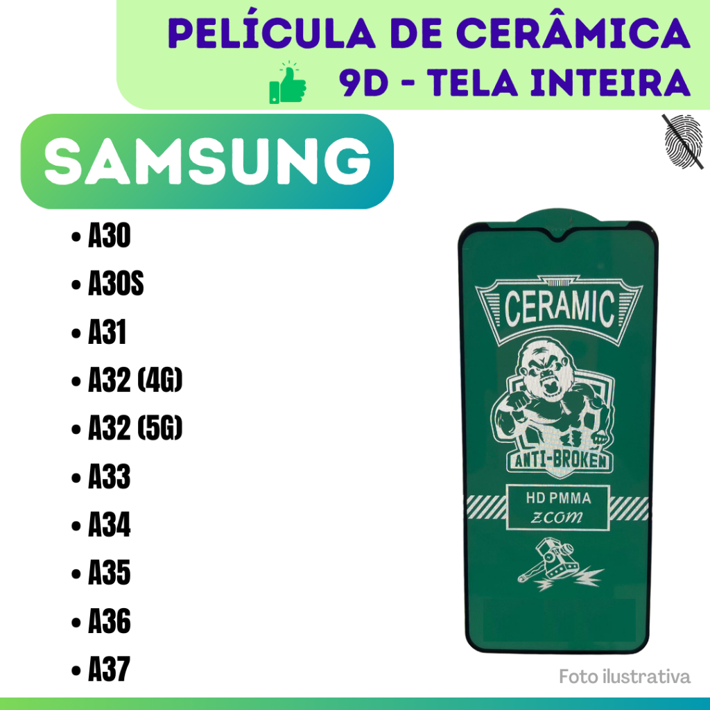 Película Cerâmica 9D Hidrogel Flexível Para Samsung A30 / A30S / A31 / A32 4G / A32 5G / A33 / A34 / A35 / A36 / A37.