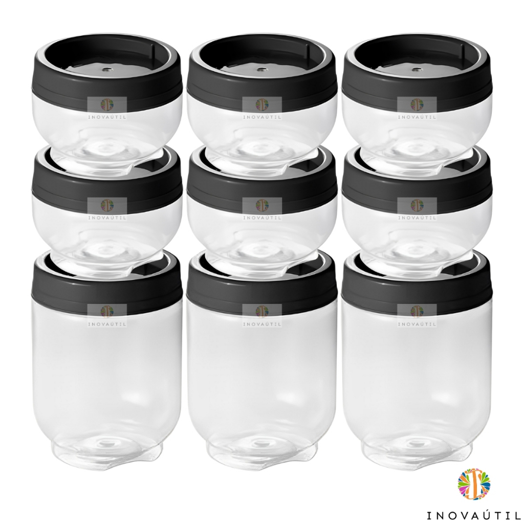 Porta Tempero Kit 9 Potes Empilhável 155ml e 380ml Gire e Trave Tampa Rosca BPA FREE Condimento em Oferta na Shopee