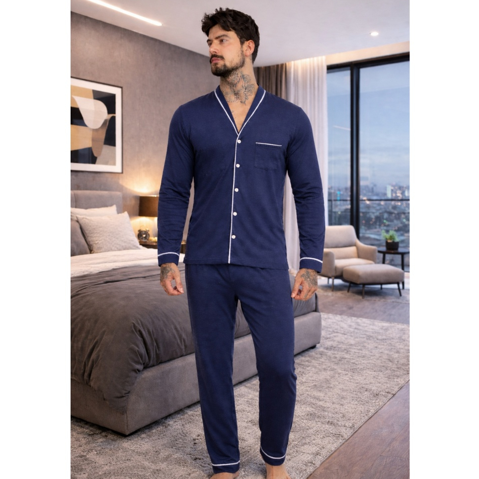Pijama Americano Masculino Longo De Algodão Aberto Com Botões-- Confortável Inverno Luxo em Oferta na Shopee