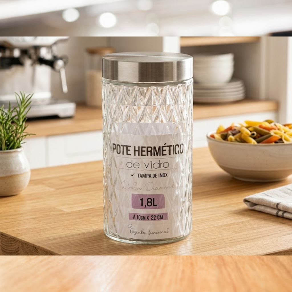 Pote de Vidro Hermético 1,8L Diamond Tampa Inox 22cm x 11cm - COSY UTILIDADES