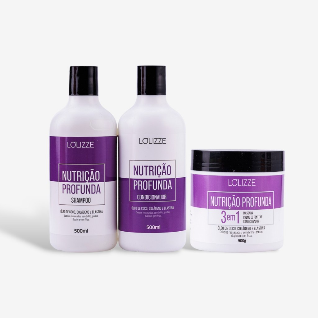 Kit Shampoo, Condicionador + Máscara 500ml Nutrição Profunda/Nutrição e Brilho Dos Fios - Lolizze