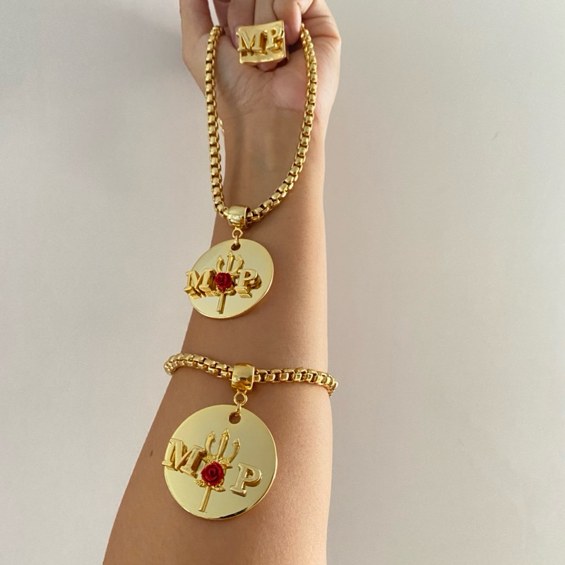 Kit Maria Padilha Banhado a Ouro 3 Milésimos – Cordão, Pulseira ou Anel | Semijoia Religiosa Feminina