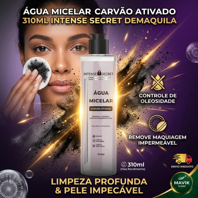 Água Micelar Carvão Ativado 310ml Intense Secret Demaquila Limpa Purifica Pele Oleosa Limpeza Profunda