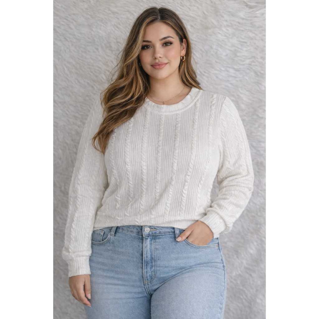 Blusa Feminina Plus Size Canelado Manga Longa Casual