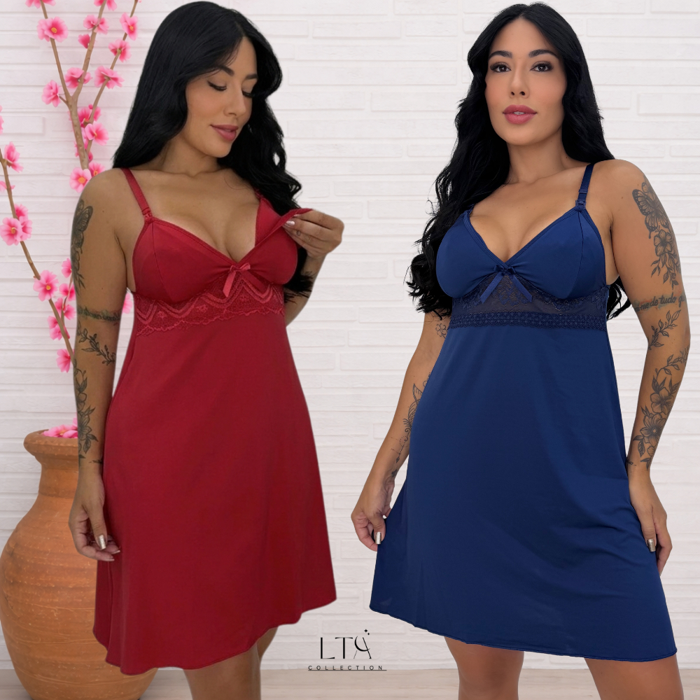 Camisola Amamentação com Renda Abre Fácil Gestante Grávida Pijama Conforto Pós Parto Maternidade Mãe