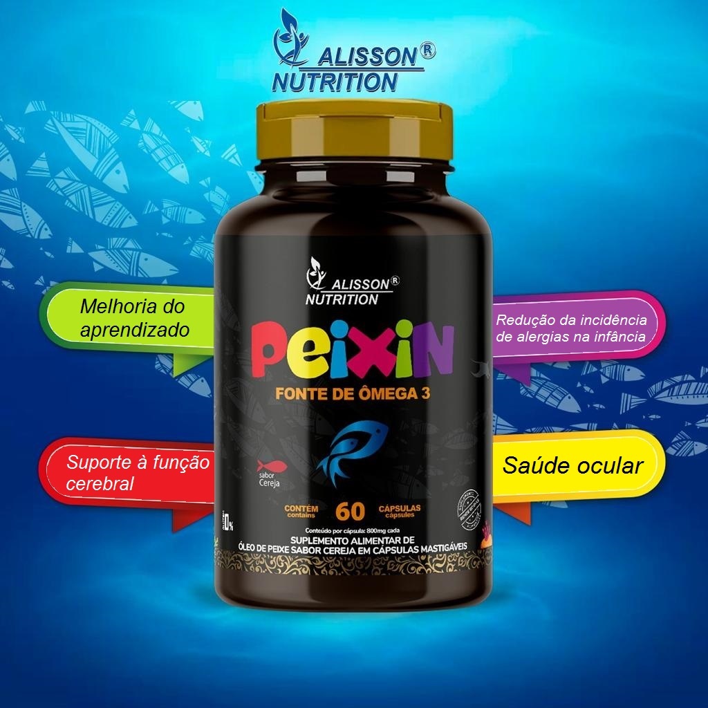 Omega 3 Kids Crianças Infantil Mastigável Cereja Peixin 60 comprimidos mastigaveis sabor cereja