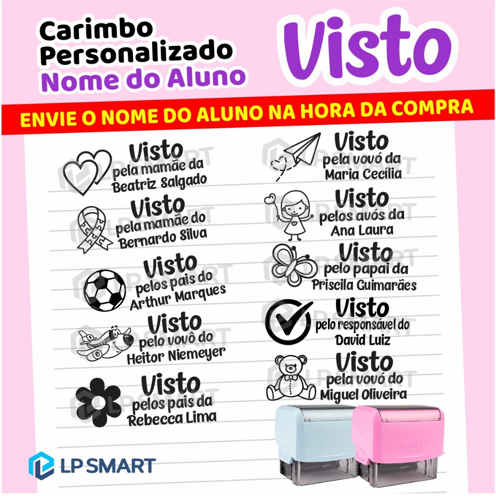 Carimbo Personalizado Automático Visto pela mamãe pais responsável para material escolar caderno trodat azul rosa em Oferta na Shopee